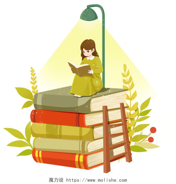 朗诵绿色卡通读书日小女孩坐在书上读书PNG元素读书知识世界读书日